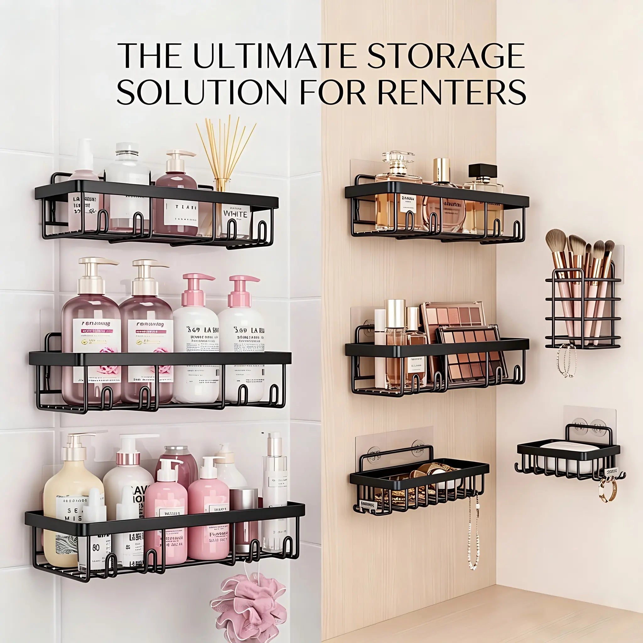【Summerwins】【Dealsforyoudays】2026 New Upgrade 5-Pack Rustproof No-Drill Wall-Mount Shower Caddy - Heavy-Duty Bathroom Accessories Organizer with Double Hooks, Easy-Install Space-Saving Classic Style for Renters, Shower Organizer