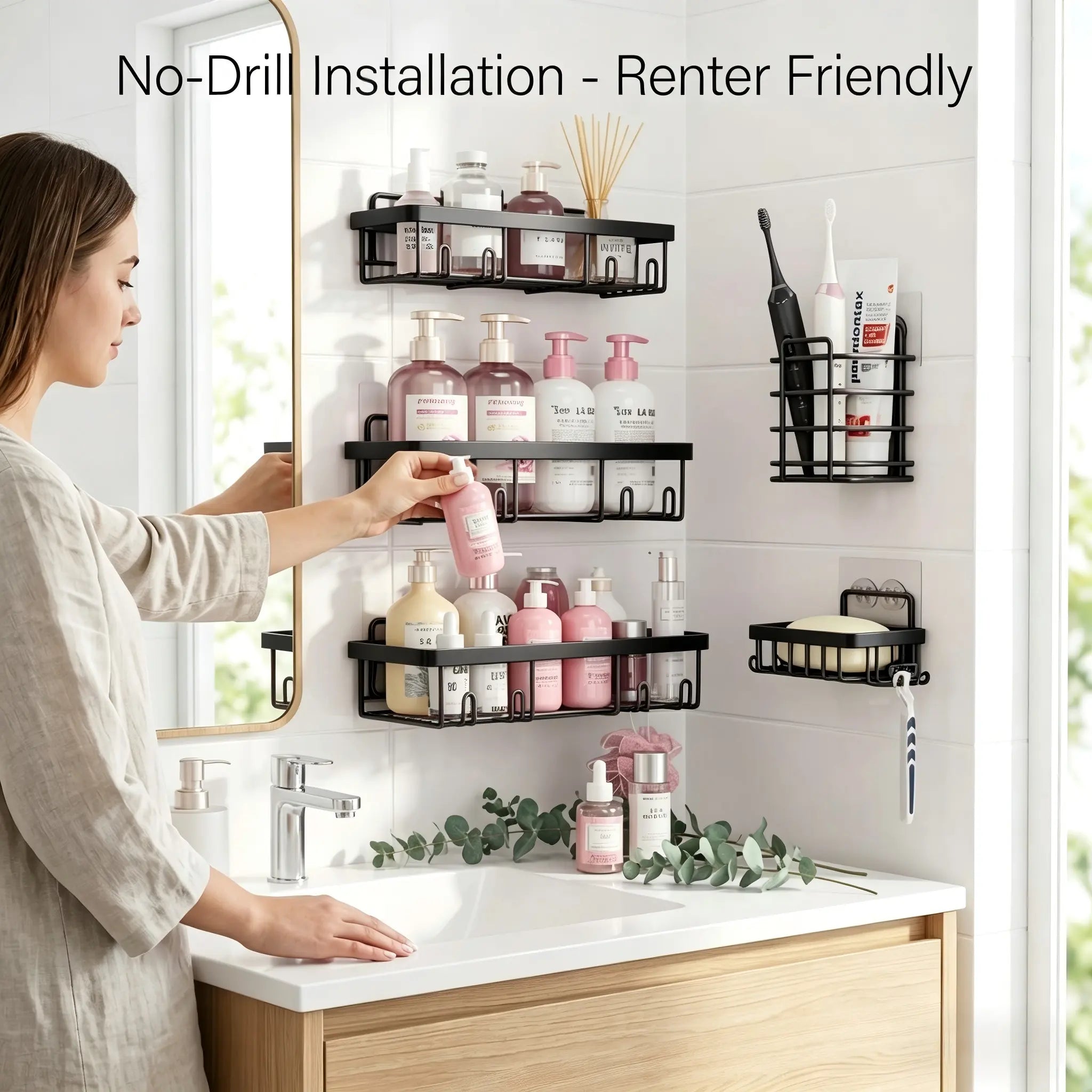 【Summerwins】【Dealsforyoudays】2026 New Upgrade 5-Pack Rustproof No-Drill Wall-Mount Shower Caddy - Heavy-Duty Bathroom Accessories Organizer with Double Hooks, Easy-Install Space-Saving Classic Style for Renters, Shower Organizer