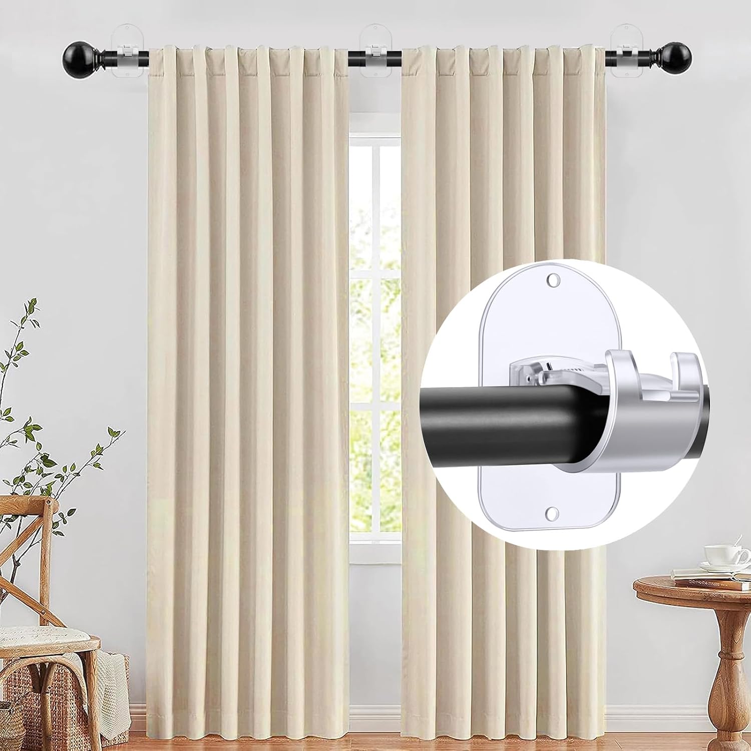 No Drill Curtain Rod Holder Hangers - Self Adhesive Curtain Rod Hook - Upgrade Large No Drilling Plastic Curtain Rod Brackets Renter Friendly Curtain Rod Hanger (4PCS Transparent)