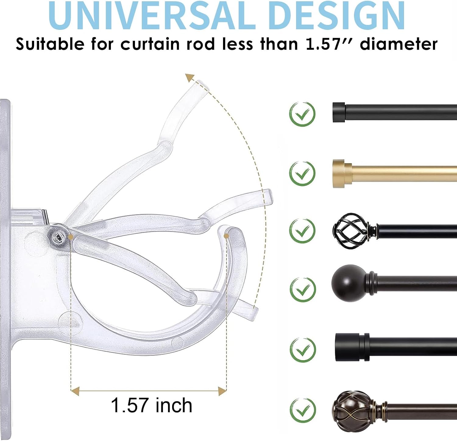No Drill Curtain Rod Holder Hangers - Self Adhesive Curtain Rod Hook - Upgrade Large No Drilling Plastic Curtain Rod Brackets Renter Friendly Curtain Rod Hanger (4PCS Transparent)