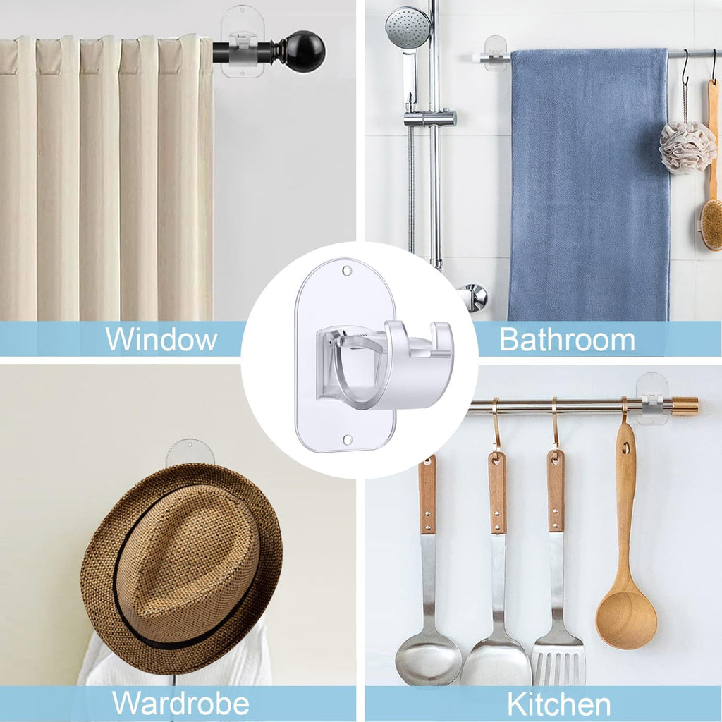 No Drill Curtain Rod Holder Hangers - Self Adhesive Curtain Rod Hook - Upgrade Large No Drilling Plastic Curtain Rod Brackets Renter Friendly Curtain Rod Hanger (4PCS Transparent)