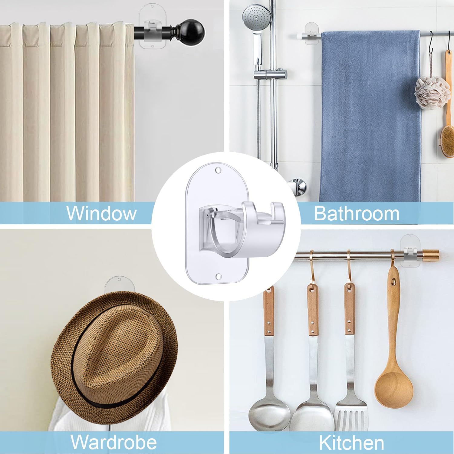 No Drill Curtain Rod Holder Hangers - Self Adhesive Curtain Rod Hook - Upgrade Large No Drilling Plastic Curtain Rod Brackets Renter Friendly Curtain Rod Hanger (4PCS Transparent)
