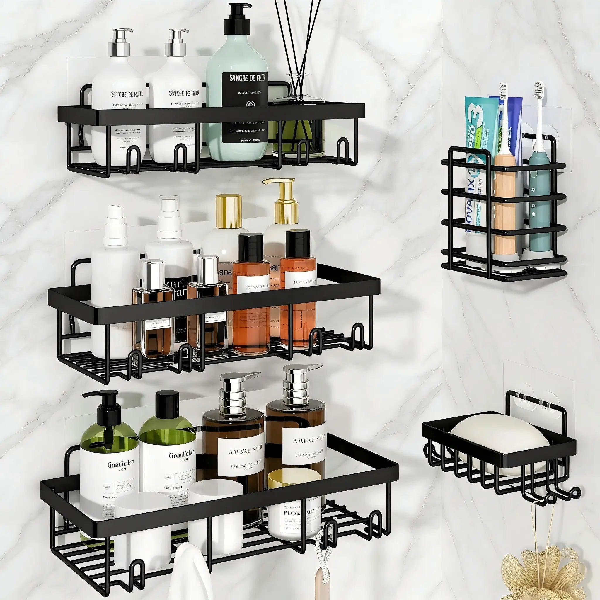 【Summerwins】【Dealsforyoudays】2026 New Upgrade 5-Pack Rustproof No-Drill Wall-Mount Shower Caddy - Heavy-Duty Bathroom Accessories Organizer with Double Hooks, Easy-Install Space-Saving Classic Style for Renters, Shower Organizer