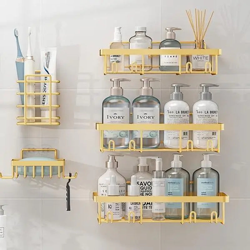 【Summerwins】【Dealsforyoudays】2026 New Upgrade 5-Pack Rustproof No-Drill Wall-Mount Shower Caddy - Heavy-Duty Bathroom Accessories Organizer with Double Hooks, Easy-Install Space-Saving Classic Style for Renters, Shower Organizer