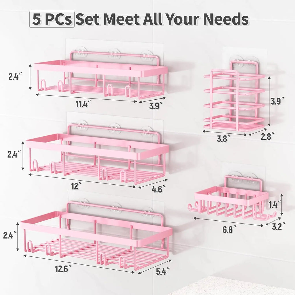 【Summerwins】【Dealsforyoudays】2026 New Upgrade 5-Pack Rustproof No-Drill Wall-Mount Shower Caddy - Heavy-Duty Bathroom Accessories Organizer with Double Hooks, Easy-Install Space-Saving Classic Style for Renters, Shower Organizer