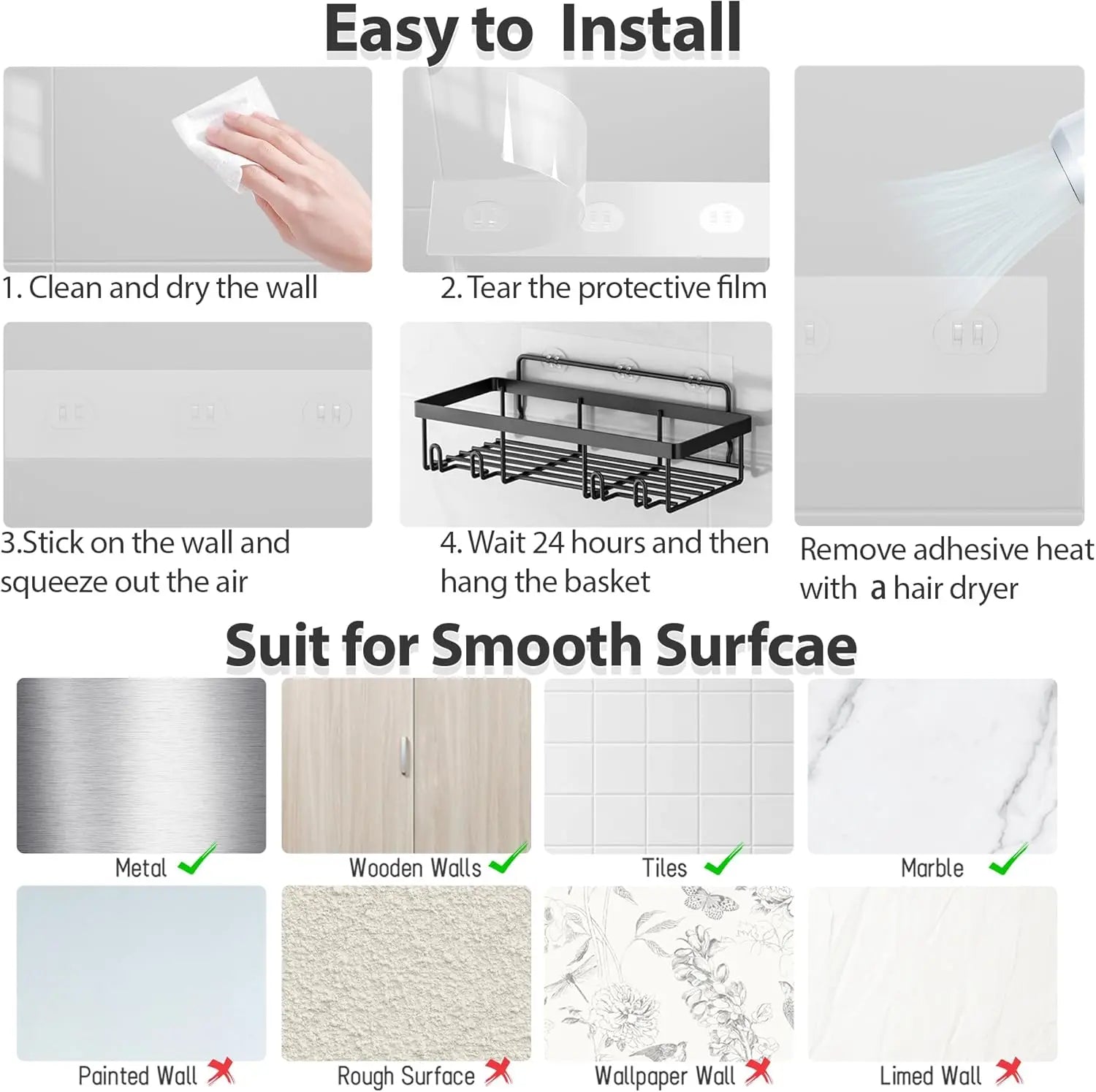 【Summerwins】【Dealsforyoudays】2026 New Upgrade 5-Pack Rustproof No-Drill Wall-Mount Shower Caddy - Heavy-Duty Bathroom Accessories Organizer with Double Hooks, Easy-Install Space-Saving Classic Style for Renters, Shower Organizer