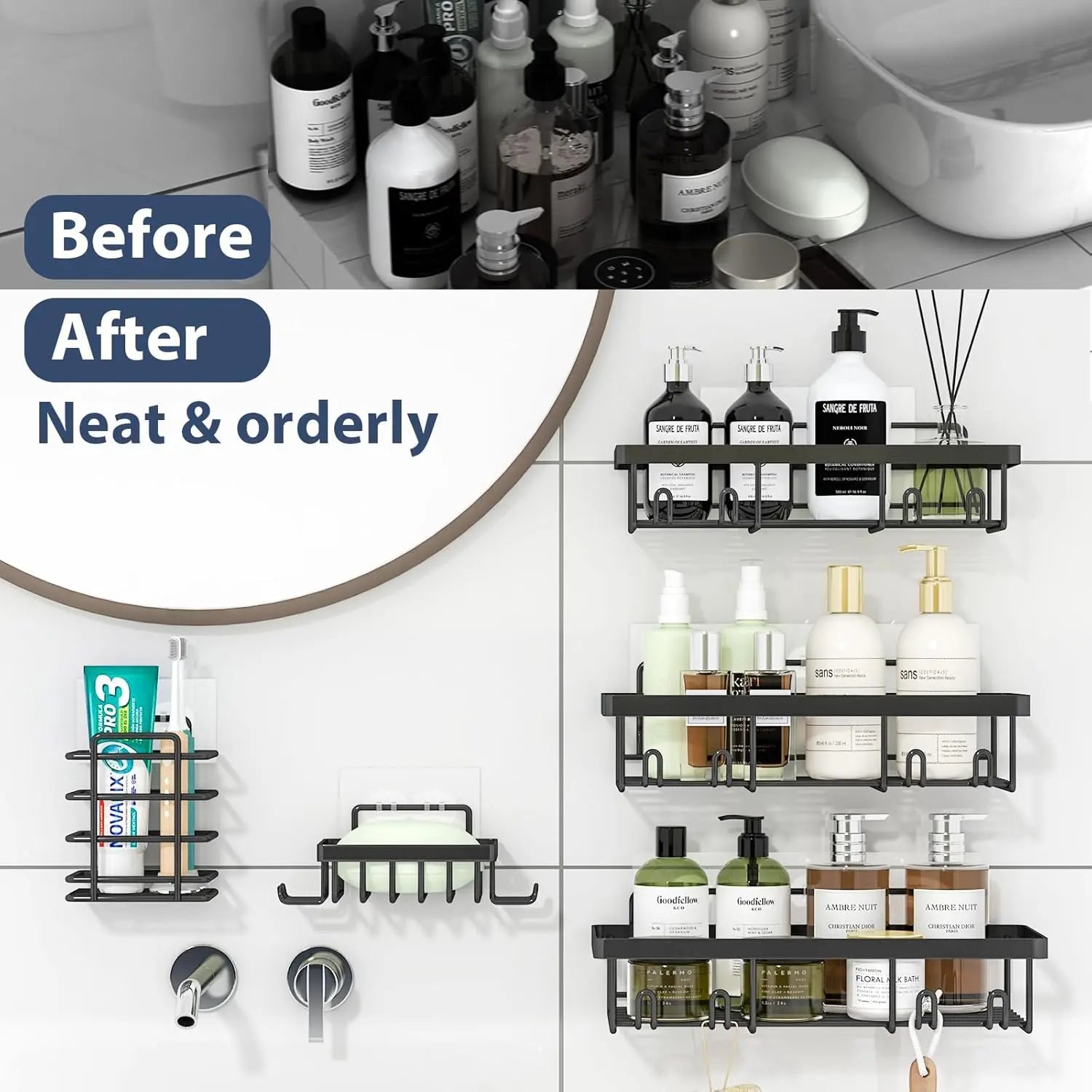 【Summerwins】【Dealsforyoudays】2026 New Upgrade 5-Pack Rustproof No-Drill Wall-Mount Shower Caddy - Heavy-Duty Bathroom Accessories Organizer with Double Hooks, Easy-Install Space-Saving Classic Style for Renters, Shower Organizer